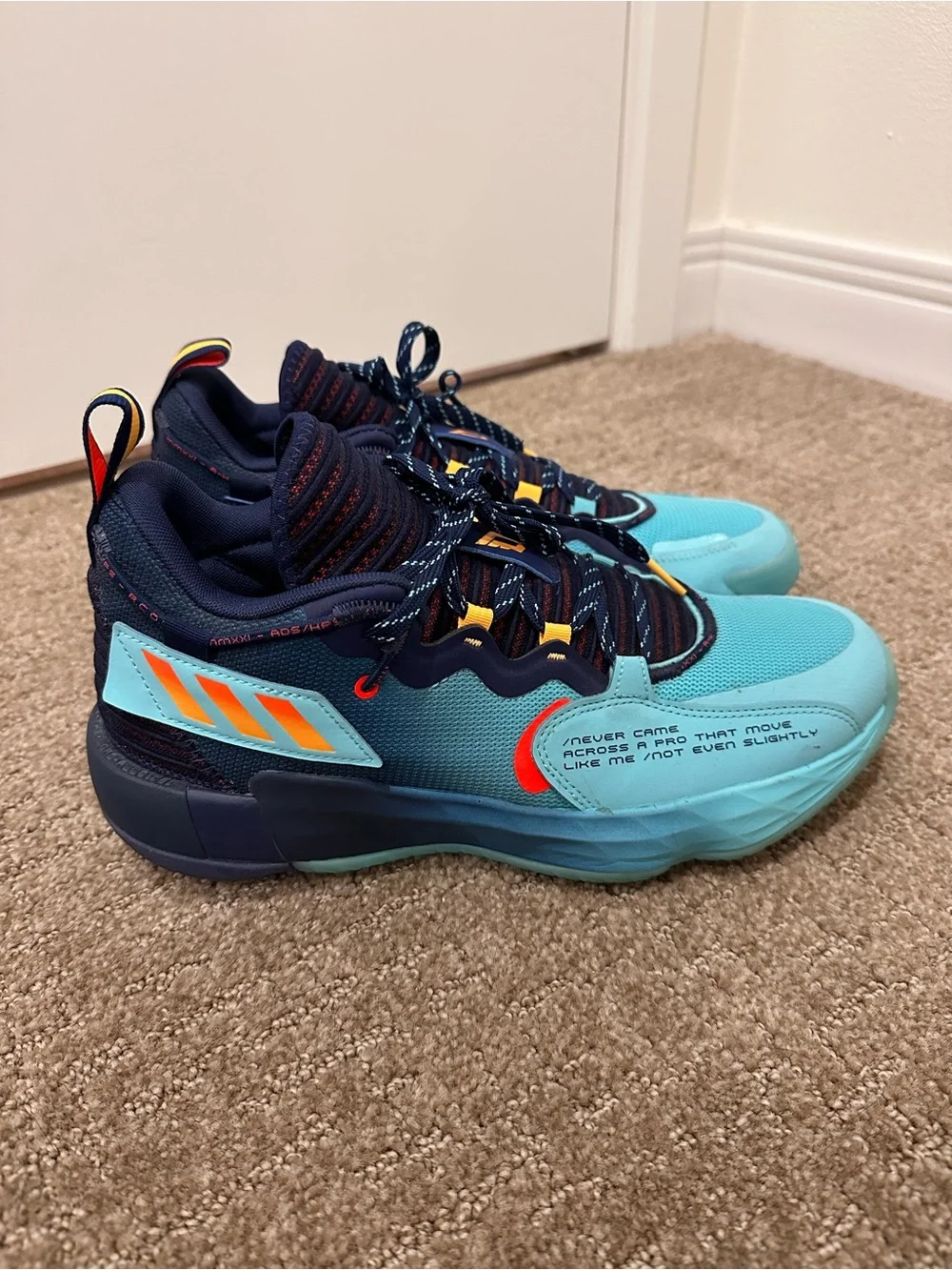 Adidas Dame 7 EXTPLY Sneakers - Aqua, Navy & Orange Accents